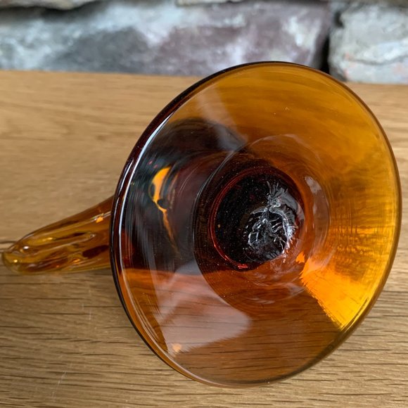 VTG Compote Hand Blown Rigaree Trim Lidded Rooster Amber Pedestal Art Glass - Picture 8 of 12